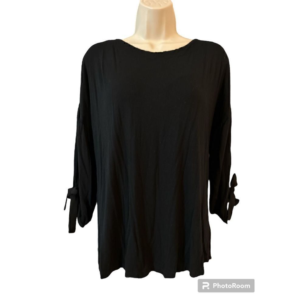 Hannah Sz S Soft Black Tie Sleeve Deep V Tie Back Top
